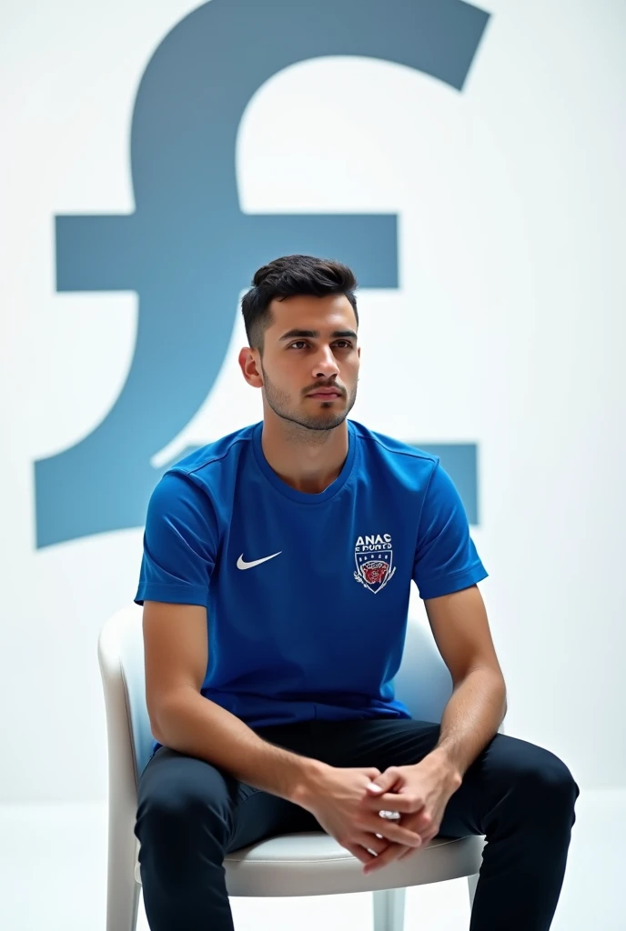 A young man sitting on a chair with a blue shirt, Anas sports written on the chest, the exchange symbol in the background. White baground
