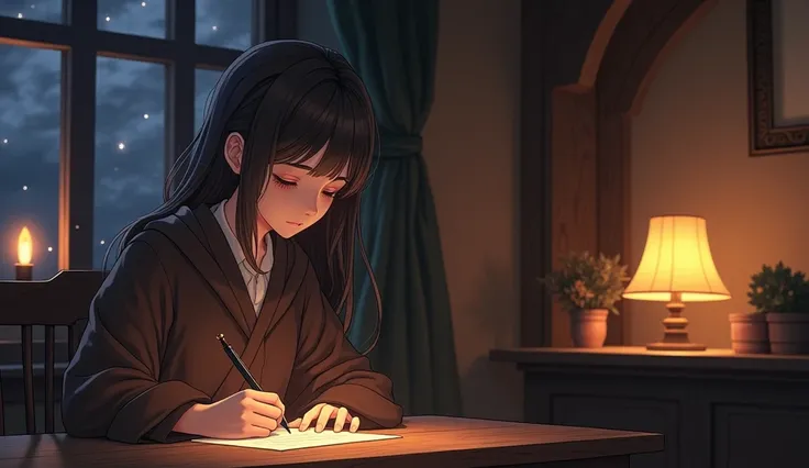 8k、 high school girl、 adult-like、smile、 dark brown robe、 medieval Europe 、 Another World、inn、indoor、lamp、On the road、night、Write a letter to your family 、 romantic、Anime 2D Style、Lo-Fi、LoFi、アニメ調Illustration、Illustration