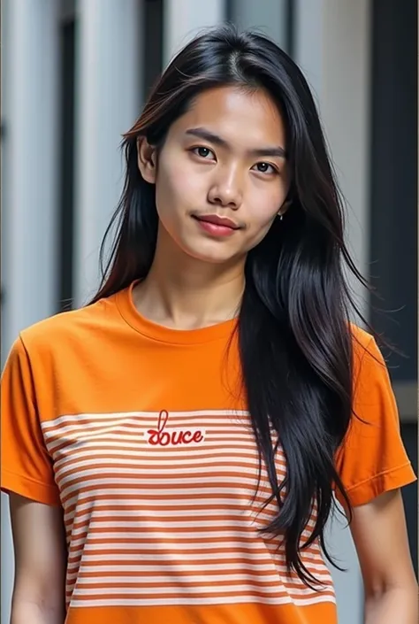  Asian man with navy face, long hair, black hair ,  They have a surface like glazed tiles., in orange t-shirt dress, black leather jacket , . Line screen print on the chest the word baby man 88. Beautiful bright colors, taken with high quality camera., 8k ...