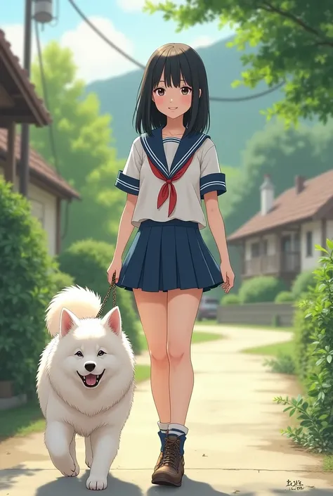 Walking with a cute white Samoyed dog　Japanese actress who is a beautiful woman with straight black hair, semi-long hair, a sailor suit and a miniskirt