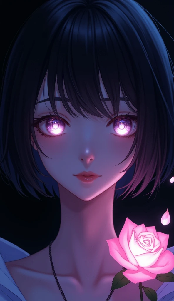 1girl, flower, mole, solo, portrait, rose, glowing, mole under eye, parted lips, looking at viewer, simple background, black background, purple theme, glowing eyes, white eyes, short hair