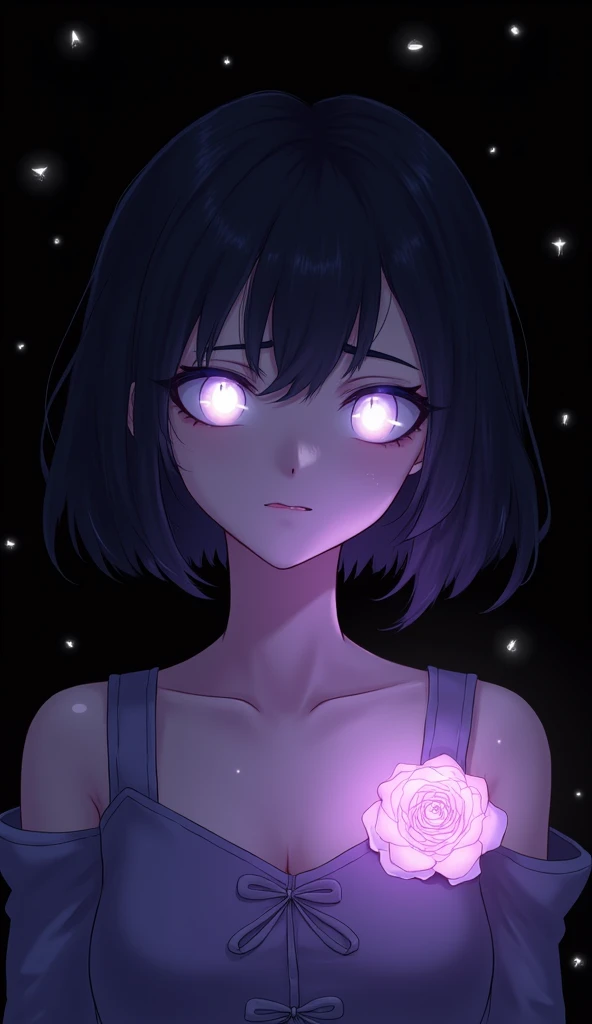 1girl, flower, mole, solo, portrait, rose, glowing, mole under eye, parted lips, looking at viewer, simple background, black background, purple theme, glowing eyes, white eyes, short hair