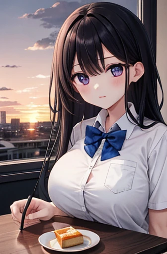 {  masterpieces during breakfast }, { top quality}, 1 girl,School_uniform,sunset、 long black hair, big breasts