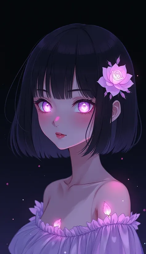 1girl, flower, mole, solo, portrait, rose, glowing, mole under eye, parted lips, looking at viewer, simple background, black background, purple theme, glowing eyes, white eyes, short hair