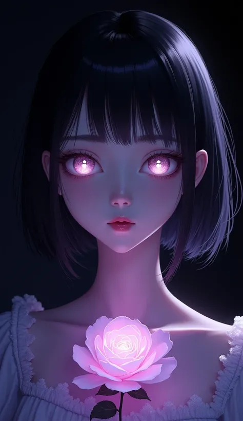 1girl, flower, mole, solo, portrait, rose, glowing, mole under eye, parted lips, looking at viewer, simple background, black background, purple theme, glowing eyes, white eyes, short hair