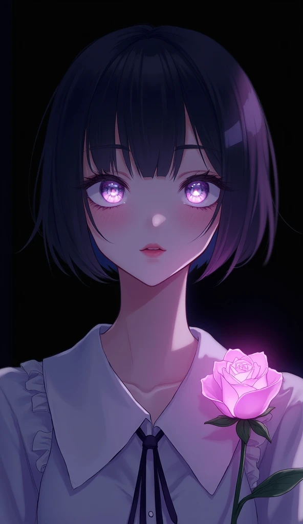 1girl, flower, mole, solo, portrait, rose, glowing, mole under eye, parted lips, looking at viewer, simple background, black background, purple theme, glowing eyes, white eyes, short hair