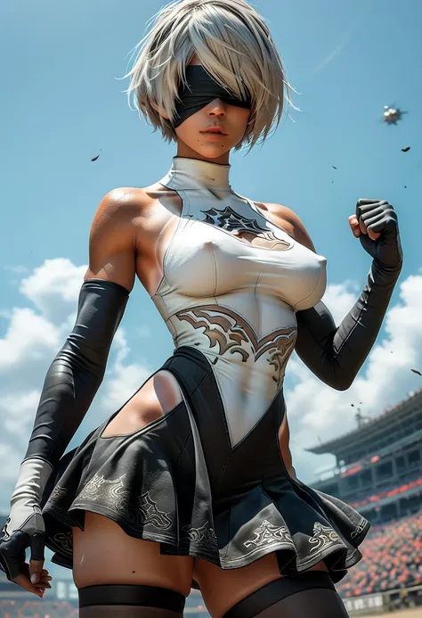 1woman, (2B),(Nier Automata 2B), pale skin, shoulder length white hair, blindfold over eyes, (ultra-detailed face), accurate face, ((black) tomboy style skirt:1.32), silver detailing on skirt, ((open-sided) leotard:1.39), sleeveless, black over-elbow glove...