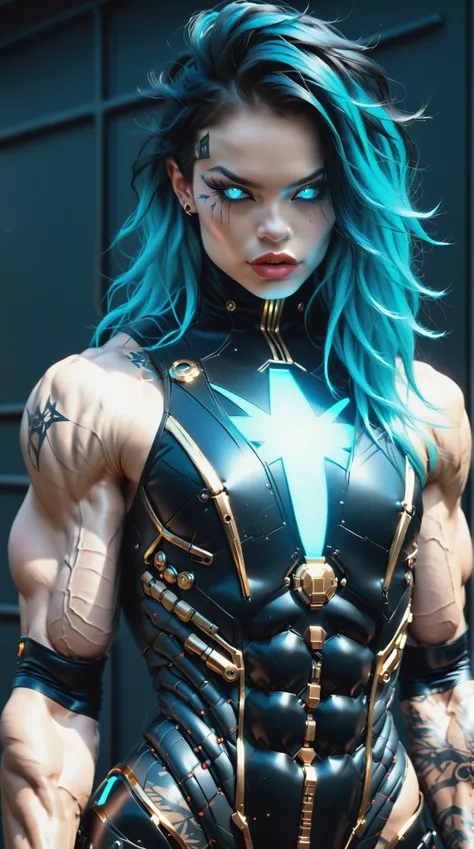 (nsfw:1), (Uncensored:1), score_9, score_8_up, score_7_up, (three quarters Shot), (1 girl), (asian), beautiful teenage (skinny) muscular goth cyborg girl, (full Cybernetic bodysuit:1.5), (black sclera:1.5), (blue glowing eyes:1.5), (blue glowing electric v...