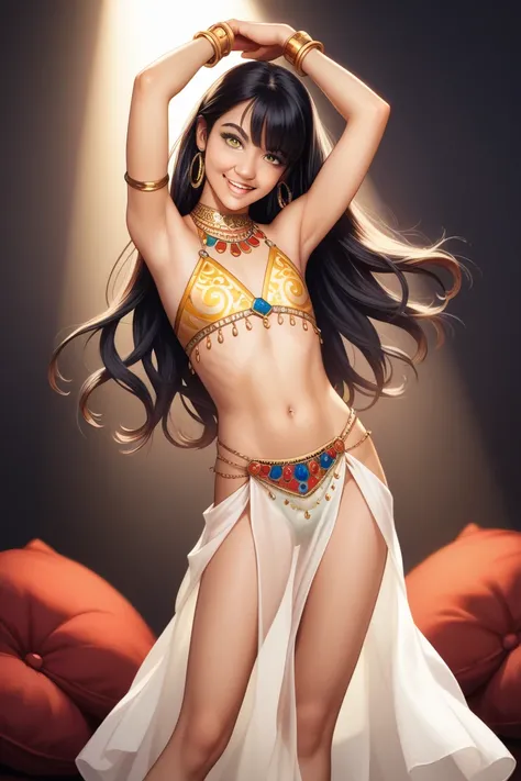 a femboy,  fair skin ,  short arabic skirt,  long hair,  Black hair , Fine hair, ( hair above the eye ), yellow_eyes, happy,head tilt,  surround lighting , Arab храм,  Colorful ,  flat chest, Arab одежда, , obscene outfit, young, (young a femboy)*******, (...