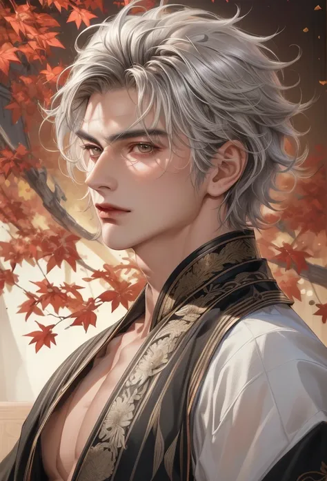 (masterpiece,best quality,ultra_detailed,highres,absurdres), Handsome mature young boy, silver-haired man wearing mysterious oriental clothes( perfect anatomy ). short messy hair, mane hair, dense hair, wild hair, expressive hair, Detailed face. handsome f...