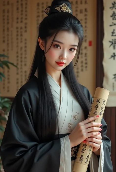 ((best quality)), ((masterpiece)), (detailed), perfect face Photo realistic image of a 28 years old woman in a black and white hanfu. Scroll in hand. regal, stern, cold personality, elegant, intelligent, cunning, sharp wit, calm and composed character. Sha...