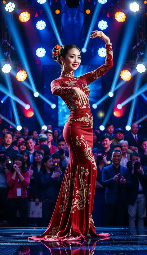 full-length portrait at the center of the stage of a TV show remains Americas Got Talent, uma linda dançarina chinesa de mua co trang, dramatic lighting, cinematic composition, highly detailed, photorealistic, 8k, (best quality, 4K, 8k, highres icon, maste...