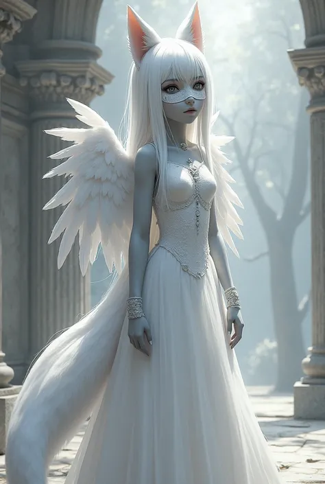 ( girl ,  white hair , the mask on my head , grey skin, WOLF EARS,  grey eyes ),  white floor-length dress, wings behind the back,  long white tail, stone statue .