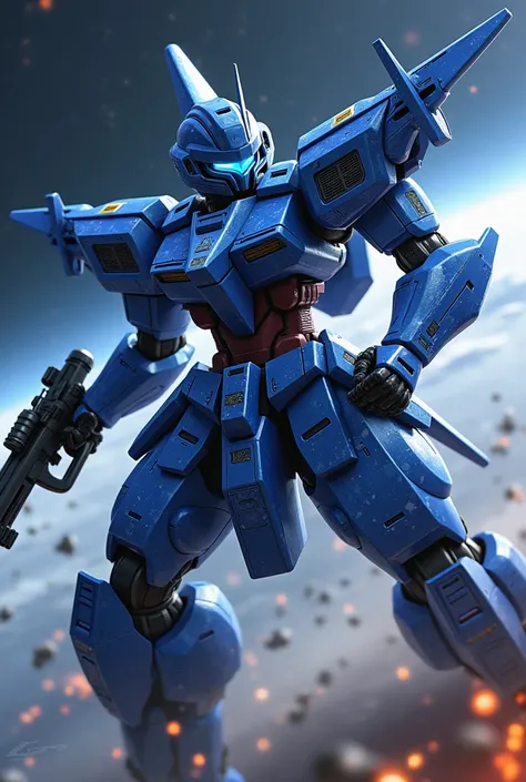 Japanese style armorを着た青いロボットが宇宙で戦っている,war, one eye glows blue ,  has a large rocket on its back , flies at high speed  ,Japanese style armor,Ninja, warrior,Blue body camouflage  ,  has a rectangular shield on its left shoulder  ,  a weapon like a pick is ...