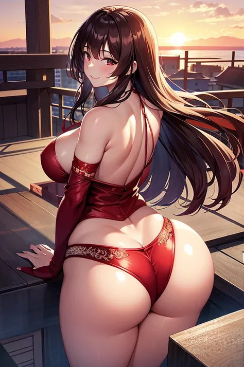 best quality, 8k, very delicate and beautiful, highly detailed face and skin texture, shiny skin, high resolution, huge booty sexy japanese girl in sexy red lingerie standing on a rooftop at sunset with huge smile, back view, looking at viewer, sharp focus...