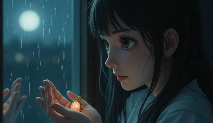 "A melancholic close-up of a young woman sitting by a window at night. She gazes outside with tearful eyes, reflecting deep loneliness. The faint glow of moonlight filters through the window, softly illuminating her face. Her hands gently hold a small meme...