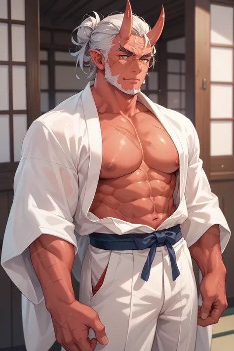 tall, muscular, old oni with red skin with old scars, senile wrinkles and big, sharp horns sticking out of his forehead Dressed in Japanese clothes