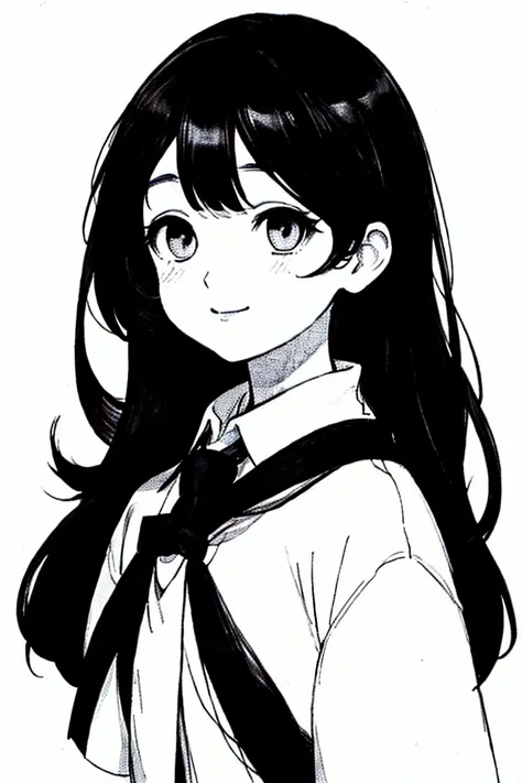 Long, narrow eyes,  anime girl with long black hair 、 wearing a white shirt and tie,(( monochrome portrait )),Black and White Photography,smile,Minimalist painting , simple strokes , tousled hair,Messy lines ,Messy bangs