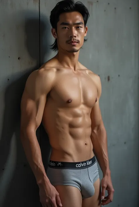 Handsome Hong Kong Guy, Photoshoot, Shirtless, Abs, Wearing White "Calvin Klein" Underwear, Detailed Face, Detailed, Detailed Skin, Highly Detailed, Ultra HD, Handsome Face, Standing, Grey wall as an background, Mullet Hair