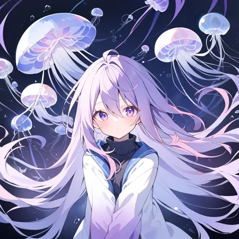  1 girl , watercolor、 multi-colored hair((  long、Purple 、blue))、purple gradient long bangs ((  hair between eyes ))、turtleneck long sleeve shirt、 シンボルロゴ(丸いフレーム), A jellyfish drifts behind