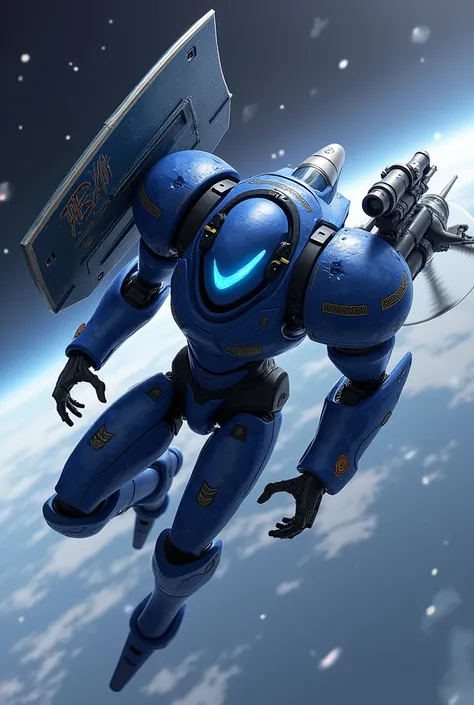  is fighting in space,A blue humanoid robot equipped with Japanese-style armor , with 1 eye in the middle of the face ,Eyes glowing blue,  has a large rocket on its back , flies at high speed  ,Japanese style armor,Ninja, warrior,Blue body camouflage  ,  h...