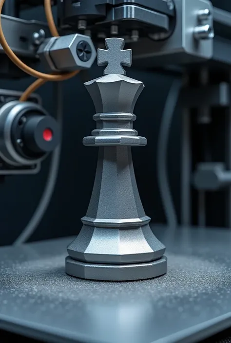 (detailed) ( geometric) steel chess king figure being printed on metal 3D printer with metal powder, front view 