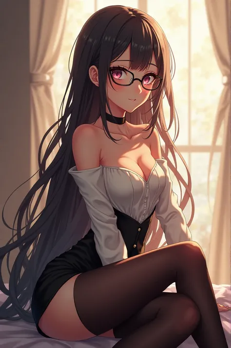 beutiful anime girl, very beutiful, , tall, black pantyhose, long hairs, glasses