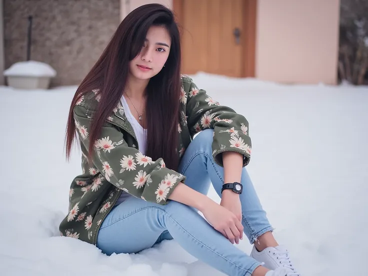 A young thai woman poses outdoors, She is outside in the snow, jacket,body,intricate cartoon patterns but no bra.  Her long hair dark hair flows over introspective expression, creating a relaxed yet graceful pose. The background is softly lit, with a warm,...