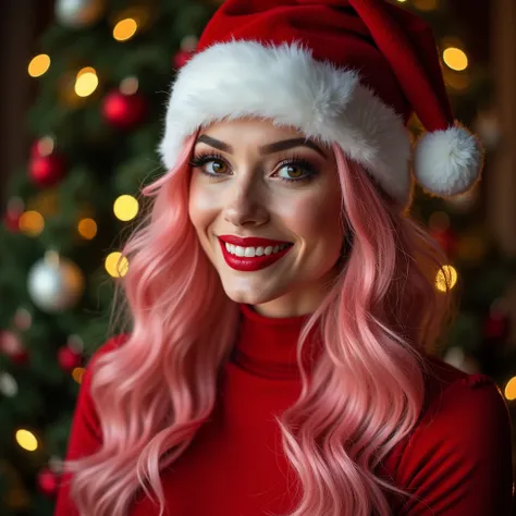 woman is wearing a Santa Claus hat, is in a red costume in the background of a Christmas tree, a lively smile, l cinematic, high contrast, Christmas lights Photo of a 25-year-old, beautiful and modern woman resembling Merlin Monroe, with red lipstick on pl...