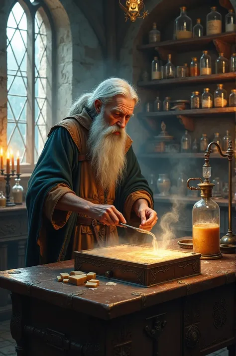 Create an image of an old medieval alchemist who makes handmade soaps in his medieval laboratory
