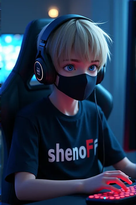 1 boy, setting on gaming chair, normal hair, blue eyes, black shirt, shirt writing SHENO FF, background one gaming screen writing SHENO FF, Headphone, mask on face