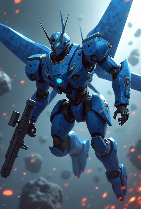  is fighting in space,A blue humanoid robot equipped with Japanese-style armor ,1 round eye in the middle of the face ,Eyes glowing blue, has grooves for eyes to slide left and right , has antennae like a sword attached to the head,  has a large rocket on ...