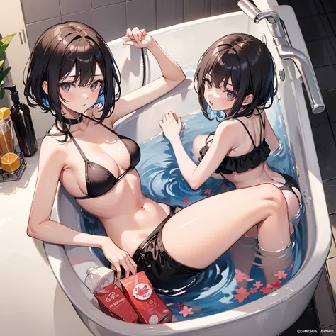  1 boy and 2 girl in 2-piece bikinis photos in different places and different angles, threesome in the bathtub  