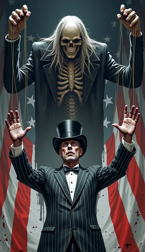 A dark illustration showing a figure inspired by American propaganda style, wearing a striped suit and top hat. His hands are dripping with dark red stains while dramatically pointing forward. Above him, dark puppet strings extend upward, controlled by a s...