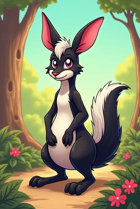 A kangaroo, mixed with a skunk, with a  kangaroo pouch, cartoon