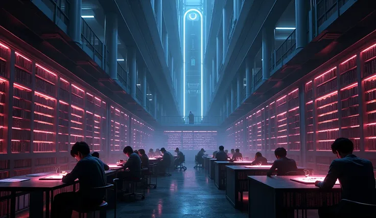 Modern style. A fantastic scene with a black background and neon flashes, in which people sit in a large space library and take tests. The atmosphere is deep and mysterious.