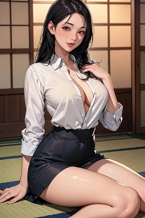 (( top quality)), ((  masterpieces during breakfast )), (  detailed hands , Detailed Fingers ,Detailed feet), perfect anatomy ,  1 28 year old Japanese girl, Side view of a girl,Turn your face to the audience to the audience,Big Breasts,Sexy office lady,Wh...