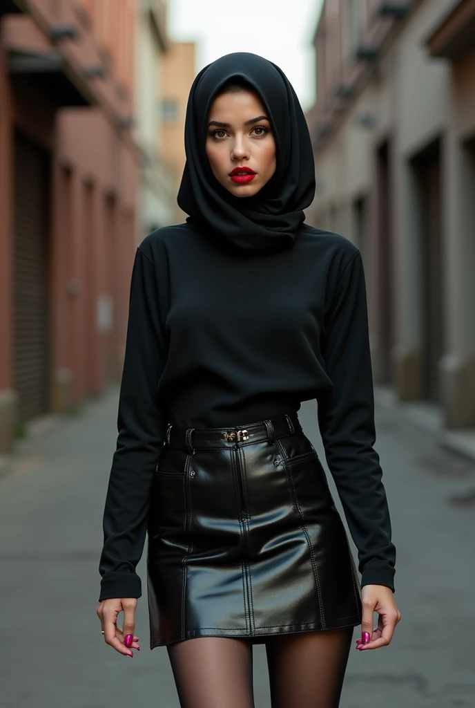 Hijab girl in ultra mini leather skirt and pantyhouse red lipstick