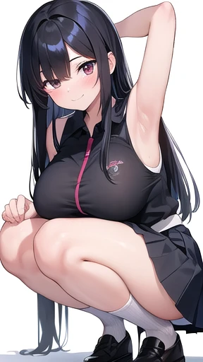  1 girl,  game cg,(( high school girl with visible armpits、uniform、 skirt)),((Big Breasts)),  black hair,  long hair,   straight hair,   dark eyes, (( close one eye 、 smiles)), White background,(( squat、Look forward、 from head to toe))、 long black hair, bi...