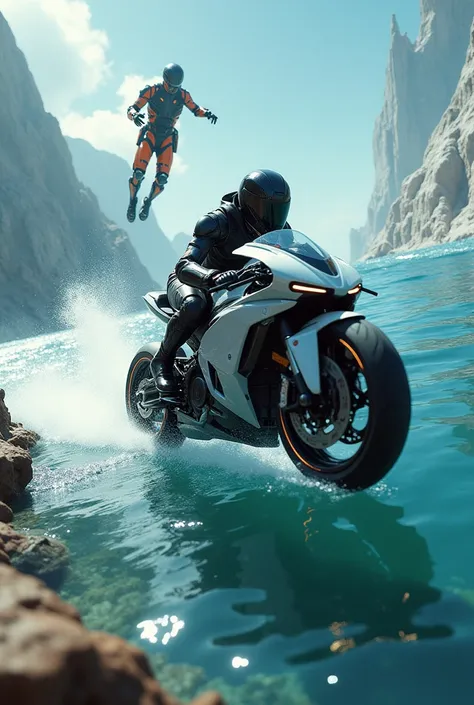 Futuristic motorcycle confused by a robot above the ocean that you see going at high speed you can see a submerged city below
