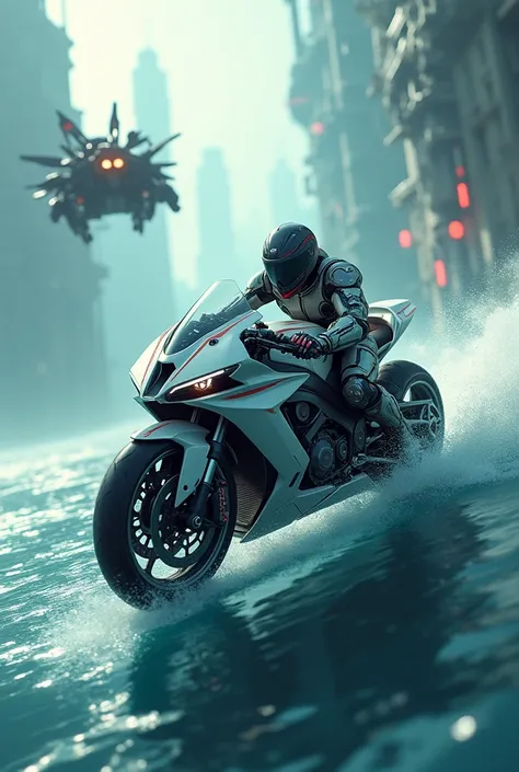 Futuristic motorcycle confused by a robot above the ocean that you see going at high speed you can see a submerged city below
