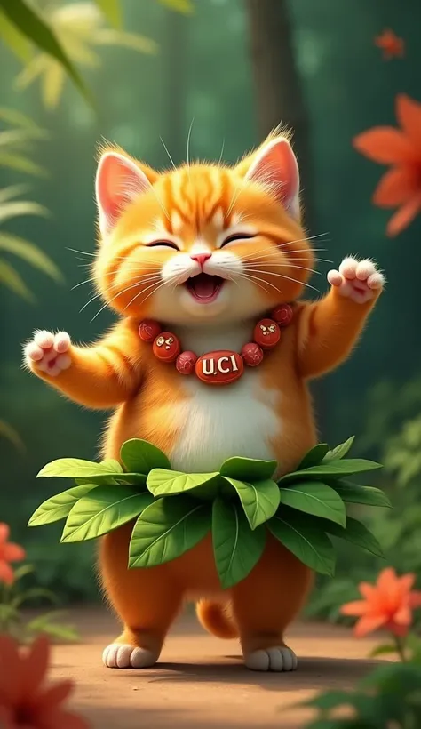 Fat orange kitten hula dancing walks on two legs, laughs, wears a necklace with Uci written on it and a short skirt made of leaves. UHD, HDR, 4K, 8K, best quality