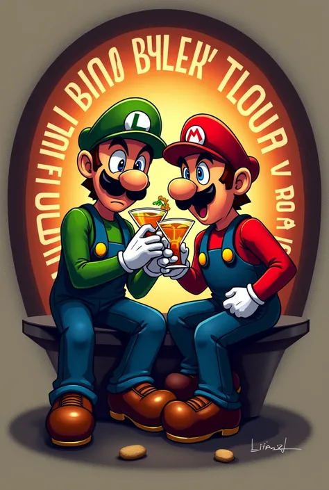 Mario Bros holding alcohol 
Let the image be in a circle and that around it says "Tu Trago Bros "
Do it more for adults with drugs