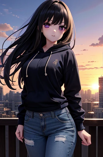 Takiuchi Kame,  check it out,  long hair, bangs,  black hair, ( purple eyes:1.2),,smile, happy atmosphere , blue hoodie,Food Up,These are short denim pants 、 the hair on the back is in the hood , black pantyhose, short boots , evening ,sunset,The sun is se...