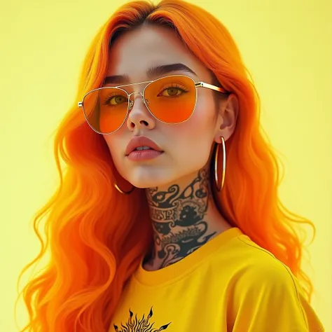 generate a beautiful girl shes wearing a hypebes t shirt outfit aesthetic the color of the outfit is the color of outfit is half yellow and half orange his hair is long and weavey and the color of the hair is half yellow and half orange radiant and shes we...