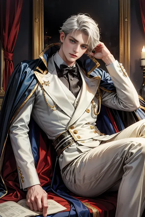 
masterpiece, 最high quality, high quality, 1 boy, alone, Male focus, Watching the audience,  disheveled gray hair, Adorable big blue eyes, White, Noble, Noble, Beautiful Vampire、Tuxedo、A very voluminous, large, very large, very large, long, long red and bl...