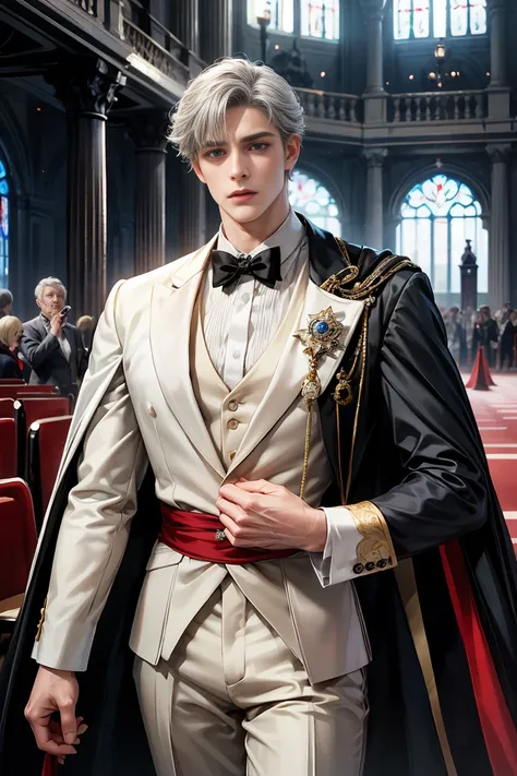 
masterpiece, 最high quality, high quality, 1 boy, alone, Male focus, Watching the audience,  disheveled gray hair, Adorable big blue eyes, White, Noble, Noble, Beautiful Vampire、Tuxedo、A very voluminous, large, very large, very large, long, long red and bl...