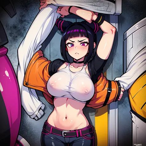  Han Juri ,  masterpieces during breakfast ,  top quality,  1 girl, ,  Crop Top ,  jeans shorts visible over the shoulder ,  choker, (Graffiti:1.Not a splatter, (Hands on your back),  Shake ,  Watch viewers, A bracelet,  thigh strap to hide one ear,  paint...