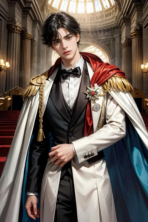 
masterpiece, 最high quality, high quality, 1 boy, alone, Male focus, Watching the audience,  Messy black hair, Adorable big blue eyes, White, Noble, Noble,Sexy voluminous cape、Tuxedo、A very voluminous, large, very large, very large, long, long red and blac...