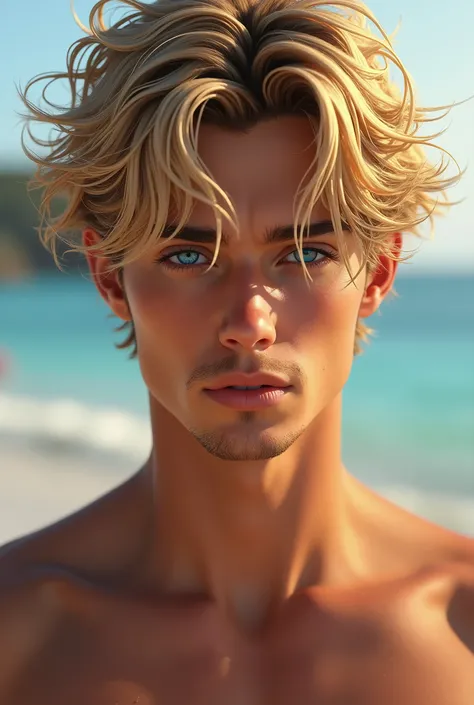 Create me a realistic 18-year-old man with wild, sun-kissed blond hair that falls in tousled waves just past his forehead. His hair is neither too short nor too long, and it’s a bit unruly, adding to his effortless, natural charm. Strands of it frequently ...